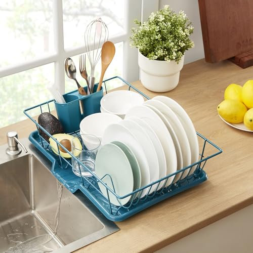 Sweet Home Collection Drying and Storage-Includes Cutlery Holder and Drainboard-Maximize Countertop Space, Metal Plastic, Blue/Green Teal