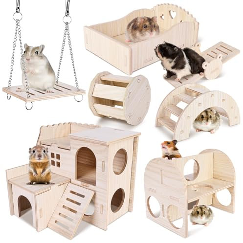 Maison Hamster: 7 Pièces Jouet Hamster, Hamster Accessoire, Jouets à Mâcher, Jouets d'escalade, Pont et Balançoire, Maison en Bois pour Hamster Chinchilla