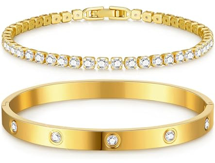 T TAKONE Tennisarmband Damen Set – 2PCS Glitzer Bracelet Aus Edelstahl Mit Cubic Zirkonia, 18cm Lang, Elegantes Geschenk für Frauen (Gold)