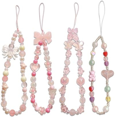 JIPUKE 4 Pcs Pink Bow Phone Charm Cute Beaded Wrist Strap Aesthetic Y2k Cell Keychain Bear Butterfly Heart Hippers Accessory for Bag, Camera Pendants Decor