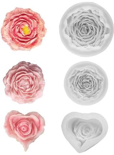 YUNXCNA 3D Silikonform Blumen, Silikon Seife Blume Formen, Kerzen Formen, Pfingstrose, Rose, Herz Schokolade Formen, DIY Rose Pfingstrose Kerzenform, 3 Stück