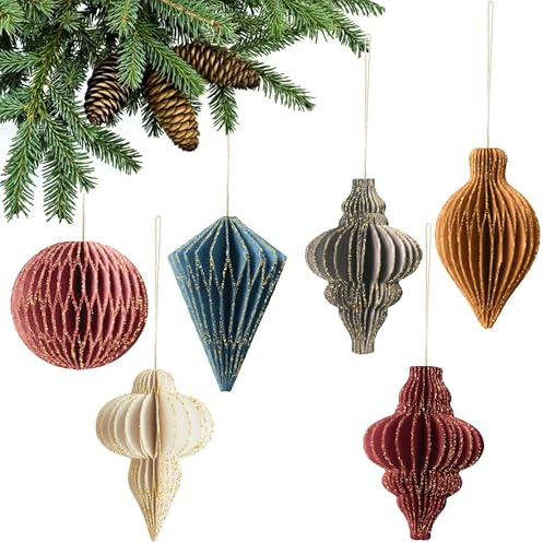 6 Stück Weihnachten Hängende Dekorationen, Hängende Papier Waben Deko, 3D Mini Weihnachts Papier Ornamente mit Glitzerrand, Waben Hängestück, für Weihnachts und Neujahrs Hängedekoration