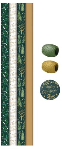 Gift Wrap Pack 4 x 2 Metre Rolls, 2 Metre Raffia, 8 Tags Present Christmas Wrapping Paper Set - Xmas Festive Holiday Green Gold White Mistletoe Christmas Tree