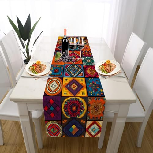 Boho Mandala Leinen Tischläufer 30x140 cm Marokkanisch Geometrisch | Wetterfester Outdoor & Indoor Mosaik Quadrat Tischläufer für Garten Partys und Hochzeit Tischdeko