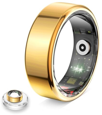 Bague Connectée Smart Ring pour Femme et Homme, Tracker Fitness avec Moniteur Fréquence Cardiaque, Sommeil, 100+ Sports, Podomètre, Étanche IP68, Sans Abonnement pour iOS and Android (Doré, 9)