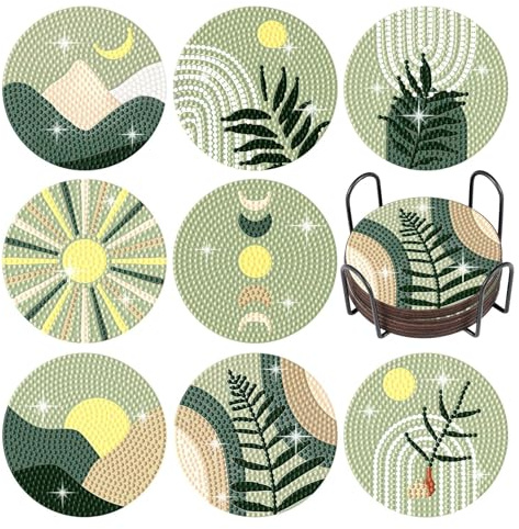 Kit de DIY Dessous de Verre en Diamant, 8 Pièces en Bois à Créer Soi-Même Motifs Mandala Vert, Inclus Accessoires, Fond Liège Antidérapant pour Adultes et Débutants
