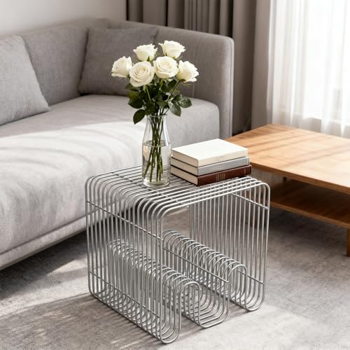 TWSOUL Beistelltisch Metall, Kreativer Couchtisch, Beistelltisch Couch, Zeitschriftenständer, Moderner Stil, für Wohnzimmer Schlafzimmer, 32 x 32 x 41 cm, Keine Montage Erforderlich (Silber)