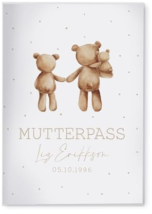 NORDEULE® Mutterpasshülle mit Name und Datum personalisiert Beige Weiß | Ella Weiß Kunststoff Schutzhülle & Design-Einsatz mit Wunschtext, schöne Geschenkidee zur Geburt für Eltern & Baby