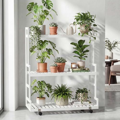 Mendler Bambus Pflanzenregal HWC-Q33 3 Ablagen Rollen 105x90x38cm - weiß | Blumentreppe, Blumenständer, Pflanzentreppe
