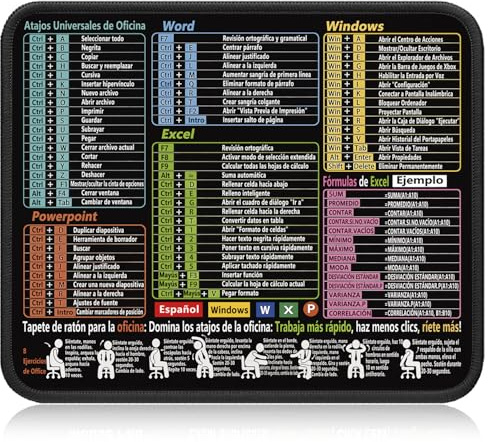 Mauspad mit Excel Word PowerPoint Spanische Shortcuts, 250x300x2mm Rutschfeste Matte für Effizientes Arbeiten, Für Büro Home-Office und Gaming, Anti-Rutsch Gummi Basis, Officematte für PC Laptop