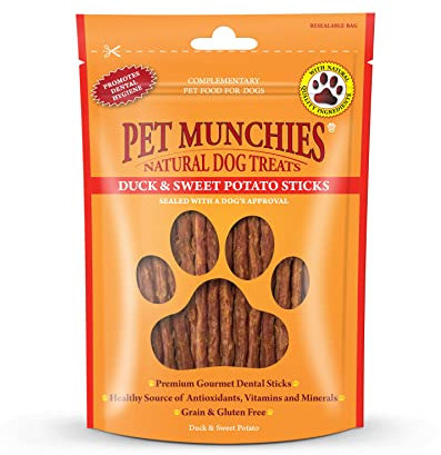 Pet Munchies Duck and Sweet Potato Dog Treats, Healthy Grain Free Dental Sticks with Natural Real Meat 90g