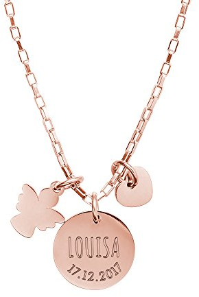 Gravado Mondgold Kette aus Roségold-Edelstahl mit 3 Anhängern, Kreis Herz Engel, Personalisiert mit Namen und Datum, inkl. Geschenkbox, Mädchen Schmuck, Länge 50 cm