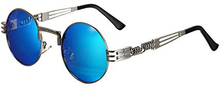 Aroncent Unisex Retro Rund Polarisierte Sonnenbrille, Vintage silber Metallrahmen mit blau Linsen Brille für Herren Damen