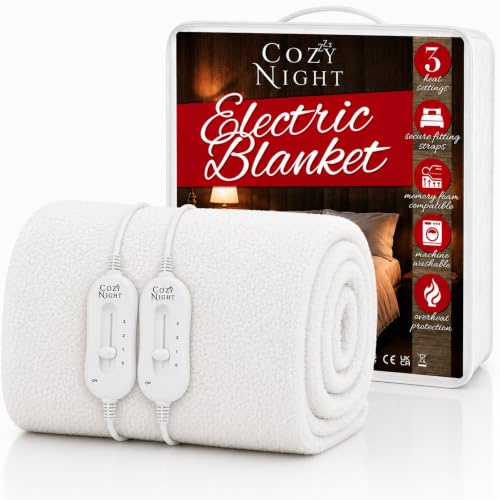 Cozy Night Double Electric Blanket, Size 140 x 192cm, Soft Fleece Fitted Underblanket Mattress Cover, Quick Fit Corner Straps, 3 x Heat Settings, Dual Control 70W and Machine Washable