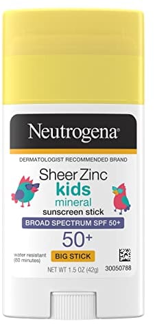 Neutrogena Sheer Zinc Oxide Kids Mineral Sunscreen Stick, Broad Spectrum SPF 50+ & UVA/UVB Protection & Water Resistant with Residue-Free, No-Mess Application, Oil- & Paraben-Free, oz
