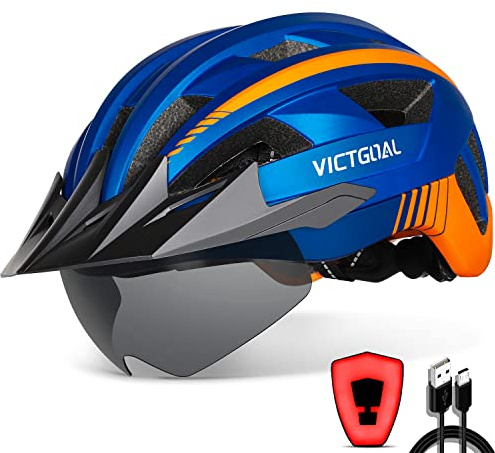 Bike Helmet for Men Women, M/L/XL Size Options, LED Light, Magnetic Goggles | Rechargeable Rear Light, Removable Sun Visor, 21 Air Vents, 54-63cm Head Range Adult Teen Fit, Bike Helmet for Road Cycling