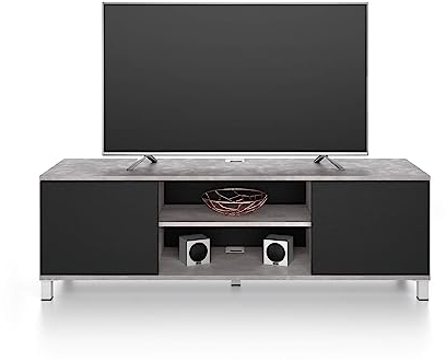 Mobili Fiver, Mobile Porta Tv Rachele, Cemento e Nero Frassino, 150 cmx42 cmx48 cm, Mobile Tv moderno per tv fino a 65'', Made in Italy