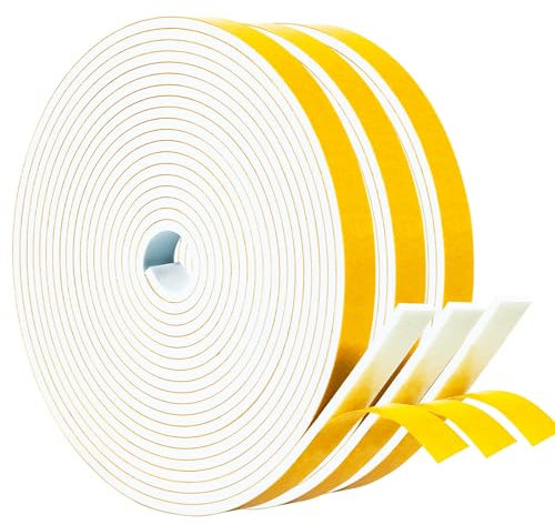 Yotache Draught Excluder Tape 3 Rolls 12mm Wide X 3mm Thick, Adhesive Foam Gasket for Weather Stripping, Cabinet Door Frame, Total 15m Long (3 X 5m Each)