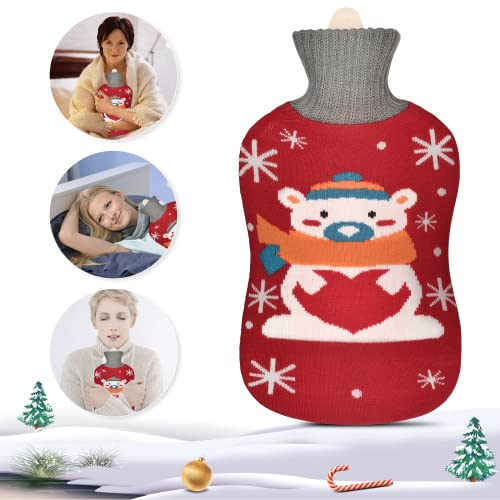 Bolsa de agua caliente de 2 L, con funda de animales, bolsa de agua caliente extraíble y lavable, adecuada para mantener caliente en invierno (oso de Navidad)