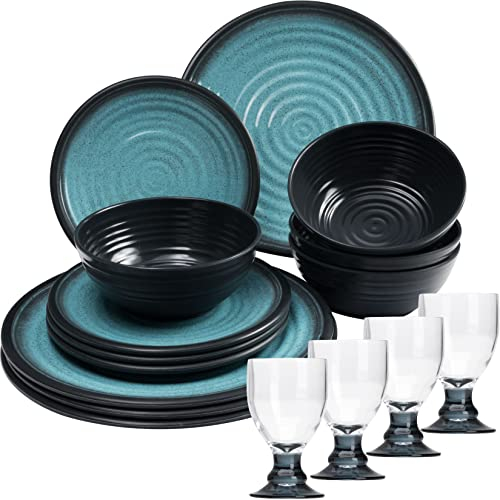 Camping Geschirr Set aus Melamin für 4 Personen - 16 Teile - mit Weingläsern - Campinggeschirr blau schwarz