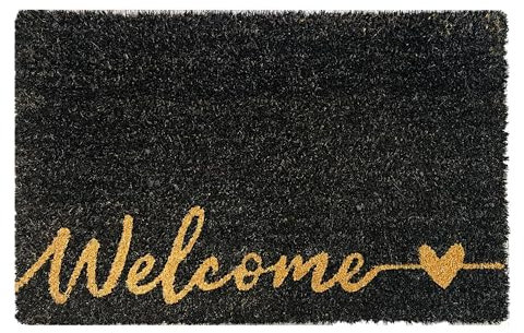 Natural Coir Mat Printed Patterned Dirt Trapper Indoor/Outdoor Door Mat Welcome Mat Non-Slip PVC Backed Doormat 60cm x 40cm (Welcome Black)