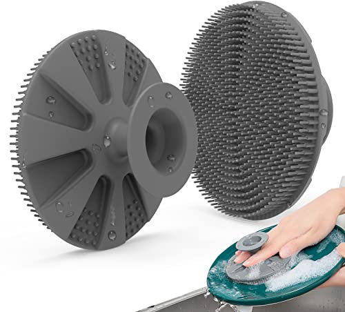 Esponja de silicona BEAUTAIL que no raya, para lavar platos y limpiar la cocina, lavaplatos de larga duración y reutilizable, diseño de succión para colgar, fácil de sostener, 1 paquete, color gris