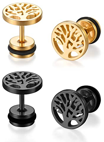 JewelryWe Schmuck 2 Paar Baum des Lebens Ohrstecker, Edelstahl Lebensbaum Runde Kreis Ohrringe für Herren Damen Tunnel Plug Ohrpiercing Barbell Stud Schwarz Gold
