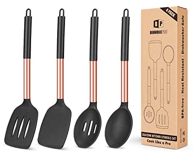 Pack of 4 Silicone Cooking Utensils Set, Non Stick Large Solid Spatulas, Heat Resistant Rose Gold Black Slotted Spoons, Ideal BPA Free Kitchen Turners for Frying, Mixing,Serving,Draining,Turning
