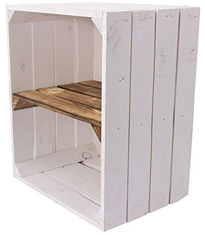 Truhenking Weiße Obstkisten mit Mittelbrett weiß für Schuhregal und Bücherregal - Holzkiste Johanna - Dekokiste Schuhkiste Regakiste Kistenregal Regal (Weiße Holzkiste mit geflammtem Boden)
