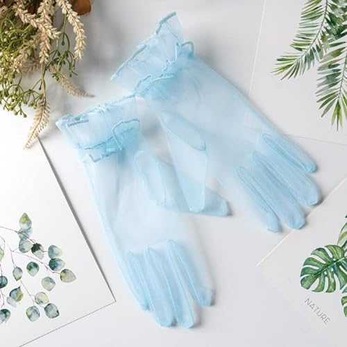 PTNKUIIY Hochzeit Braut Handschuhe - Tüll Kurze Vintage Abend Opern Party Sonnenschutz Transparent Netzstoff Mesh Damen Fasching Kostüm Accessoires, Blau