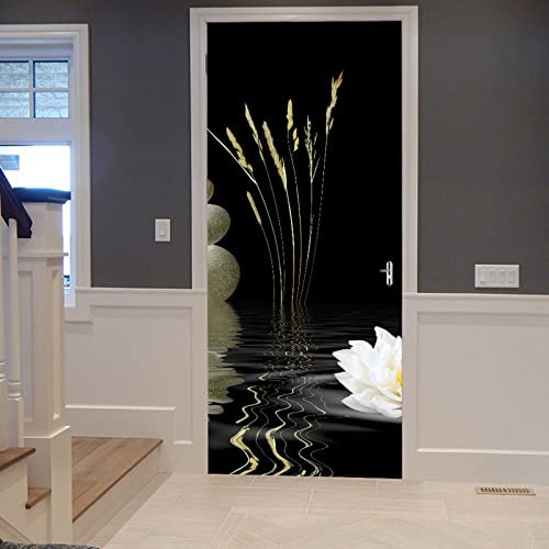 A.Monamour Sticker Porte Autocollant Poster De Porte 3D Spa Pierres Lotus Blanc Lily Herbes Sauvages Avec Réflexion Sur L'Eau Ridée Zen Vinyle Affiche De Porte Mural Papier Peint Art Décor 77x200cm