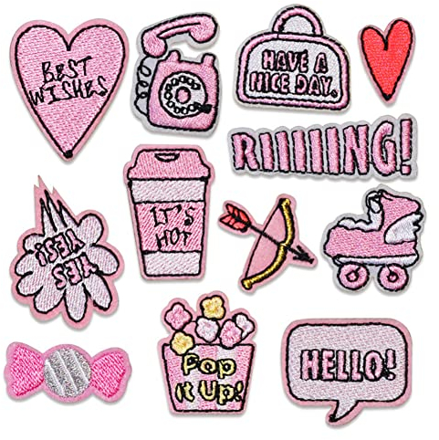 ulricar 12PS Pink Cartoon Iron On Patches Embroidery Applique Clothes Sewing Supplies Decorative Child Cute DIY Iron On Badges for Clothes Jackets Hats Backpacks