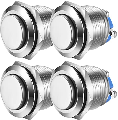 Guuzi 4pcs Pulsadores Momentáneos De 19mm 3A/250VAC; Pulsador De Alimentación A Prueba De Agua De 5A/12VAC, Pequeño, Redondo, De Metal Inoxidable Cromado, 2Pines N/O (Cabeza Alta)