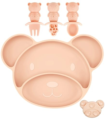 PandaEar Silicone Suction Plate, Spoon and Fork Set, Toddler Self-Feeding, BPA Free, Dishwasher & Microwave Safe, Bear Shape (Pink)