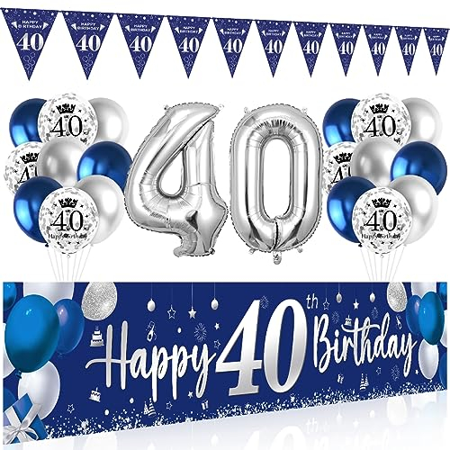 Decoración 40 Cumpleaños Plata Azul, Pancarta, Globos, Triángulo Happy Birthday Photocall para Hombre Mujer Fiesta