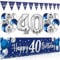 Decoración 40 Cumpleaños Plata Azul, Pancarta, Globos, Triángulo Happy Birthday Photocall para Hombre Mujer Fiesta