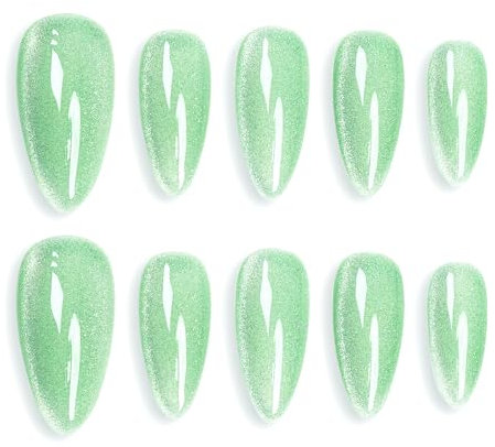 Sun&Beam Nails Handmade Press-on Medium Long Almond Mint Green Cat Eye Design Charming False Nail Tips 10 Pcs (#123 XS)