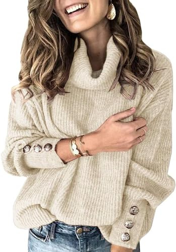 Wenrine Jersey de cuello alto para mujer, de invierno, de manga larga, suelto, informal, cálido, de punto con botones de metal