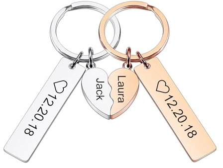 INBLUE Personnalisé Acier Inoxydable Couple Porte-clés Ensemble pour Femme Gravé Nom Date Cœur Puzzle Porte-clés Photo Ronde Étiquette Couper Porte-clés avec Nom Cadeau Significatif pour Couple - C3