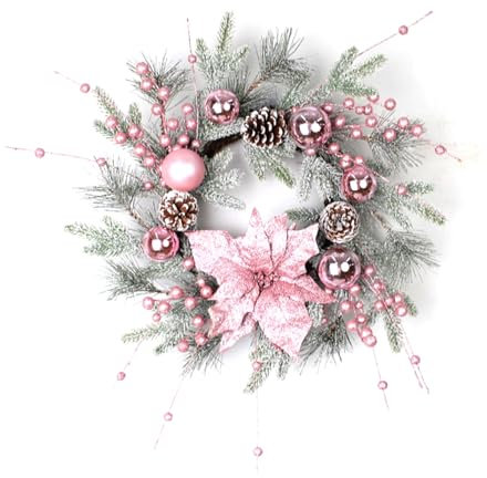 Christmas Wreath Pink Garland with Ball Ornaments Decoration Front Door Window Mantel Party (Pink Wreath, 50cm)