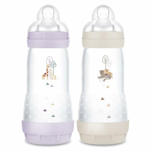 MAM Easy Start Anti-Colic Babyflasche, 4+ Monate, schneller Durchfluss (2 x 320 ml) Flieder + Sand – Flasche zur Reduzierung von Koliken und Beschwerden des Babys – Babyflasche zum Stillen geeignet
