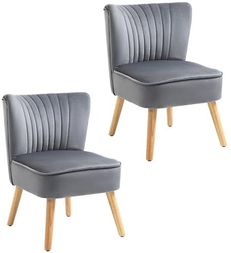 HOMCOM Velvet Accent Chair Occasional Tub Seat Padding Curved Back with Wood Frame Legs Home Furniture Set of 2 Grey