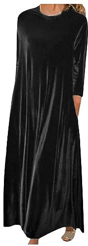 Women's Vintage Velvet Maxi Dress - Long Sleeves, Casual Loose Fit, Elegant Bridesmaid Dress - Solid Color, Plus Size, Black