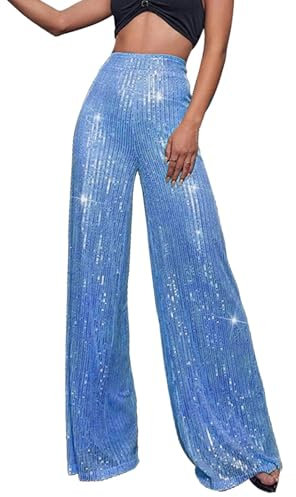 Pailletten Hose Damen Gold-Glitzer Hose Lang Metallic Hose Lang High Waist Baggy Jogginghose Weites Bein Sommerhose Locker Weite Hose Große Größen Paillettenhose Metallic Hosen Büro Pants