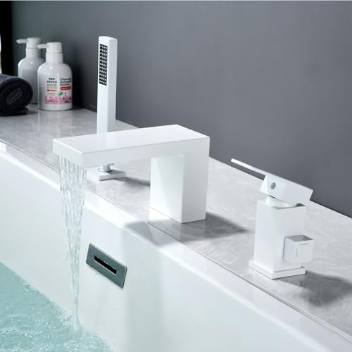 SHANFO Grifo Bañera 3 Orificios, Baño Ducha Mezclador con Ducha de Mano, Grifo de Bañera 3 Arificios, Para Borde de Bañera, Blanco, 13Y6OK