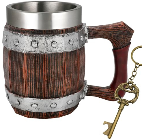 Alikiki Viking Wooden-Barrel Beer Mug - 21oz Stainless Steel Tankard Cup - Viking Gift for Men - Norse Decor