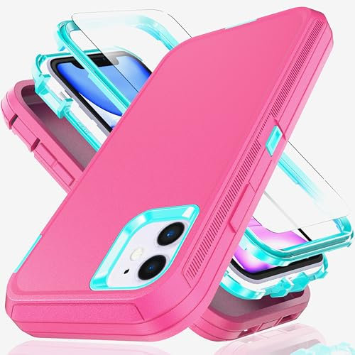 YmhxcY for iPhone 11 Case 6.1-Inch with Explosion-Proof Screen Protector,3 in 1 Shockproof TPU Hard PC Bumper Drop-Proof Shell for iPhone 11-Red/Blue