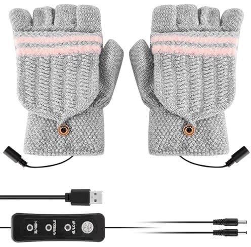 Hojalis USB Beheizte Handschuhe, Heizung Stricken Handschuhe, mit 3 Stufentemperaturen, Half Hands Beheizte Fingerlose Handschuhe, Doppelseitiger Heizhandschuh für Indoor und Outdoor (Grau)