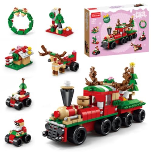 Gxhong Weihnachtliches Bauspielzeug, Weihnachts Zug Bausteine Kinder Spielzeug, 6 in 1 Block Spielzeug Set, Bausteine Konstruktionsspielzeug Geschenke, für Jungen Mädchen Weihnachten Gastgeschenke