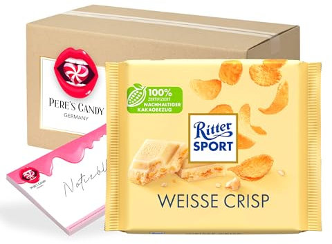 Pere's Candy Bundle für 10 x 100g Weisse Crisp Tafel aus weißer Schokolade Corn- und Reis-Flakes + Pere's Candy Notepad DIN A7-25 Blatt
